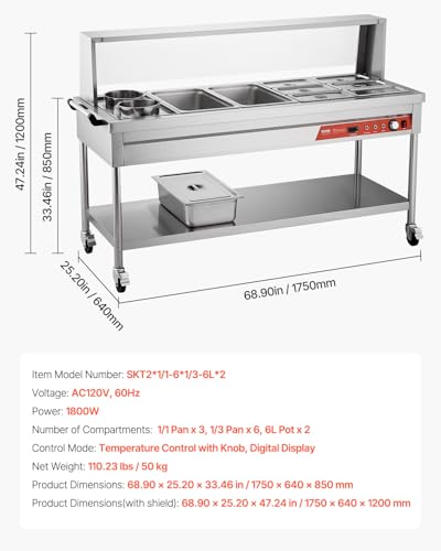 VEVOR Commercial Food Warmer, 8 Pans + 2 Pots Electric Steam Table, 1800W Professional Buffet Catering Food Warmer with Shield Undershelf Wheels, Stainless Steel Server for Party Restaurant - size: 8 Pans + 2 Pots