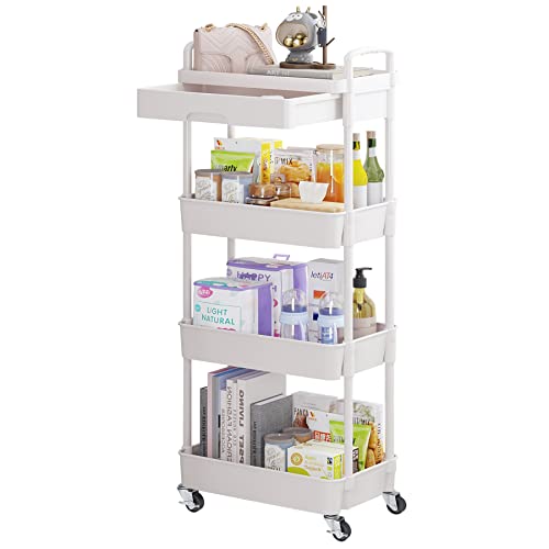Calmootey 4-Tier Utility Cart with Drawer & Wheels, Storage for Home,Office - color: White, size: 4-Tier