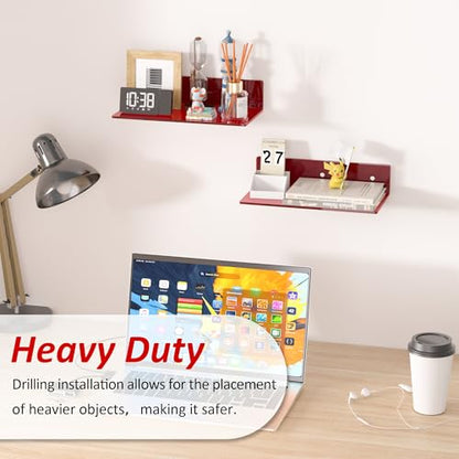 Sezanrpt 12 Inches Red Small Wall Shelves, Acrylic Bathroom Floating Shelves for Living Room, Bathroom, Bedroom, 2 Pack - color: Red, size: 12 Inch