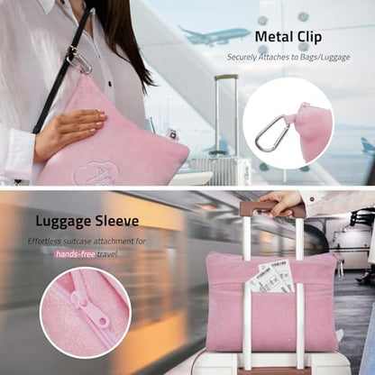 Travel Blanket Pillow,Airplane Blanket Compact with Bag Eye Mask, Ultra-Soft,Warm & Lightweight Included,Travel Essentials for Women & Men, Luggage Sleeve & Backpack Clip 65x40 in, Pink - color: Pink
