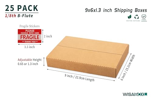 9x6x1.3 inch Shipping Boxes with Fragile Stickers, Brown, 25-Pack - color: Brown