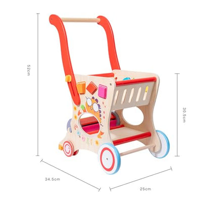 Wooden Baby Walker with Shopping Cart, Push Walker for 1 Year Old Learning to Walk, Shape Matching Block Game, Large Storage Toddler Walking Toy for Boys & Girls 6-12 Months