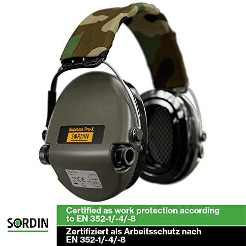 Sordin Pro-X Ear Muffs - Active and Electronic Ear Defenders w/Camo Headband - Gel Pads - Earmuffs for Hunting & Shooting - color: Olive