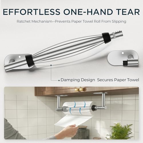 FORIOUS Paper Towel Holder Under Cabinet, One Hand Tear,Silver - color: Stainless Steel