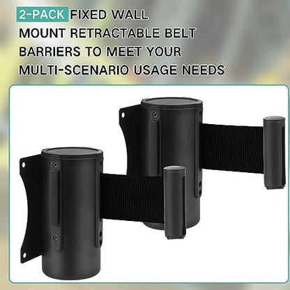 Zonon 2 Pieces Wall Mounted Retractable Belt Barrier Wall Mount Caution Belt with 10 Feet Black Belt Crowd Control Barriers Rope Safety Barriers for Indoor Outdoor Retail Grocery Store Stadium