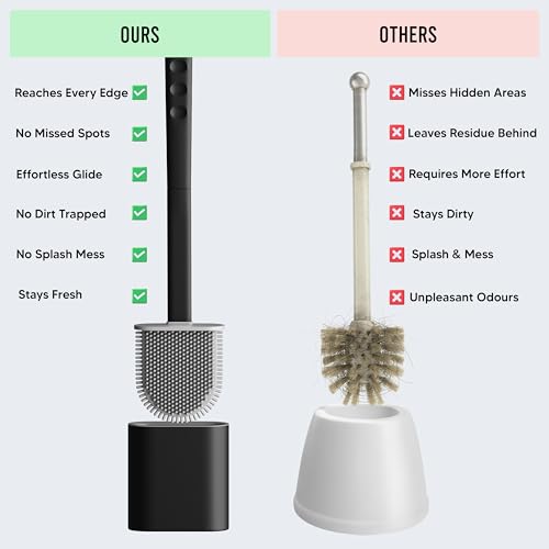 Modern Minimalist Silicone Black Toilet Brush with Holder - Pack of 2 Toilet Bowl Brush Set - Self-Cleaning & Splash-Free, Easy-Rinse Design with Wall Mounted Holder Bathroom Accessory. - color: Black, size: Pack of 2