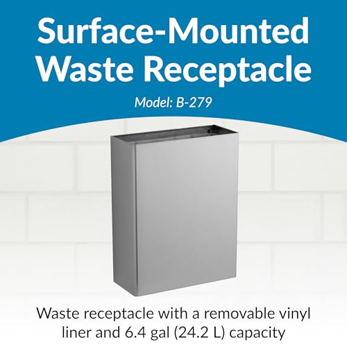 Bobrick Surface-Mounted Waste Receptacle, 6.4-gallon Capacity, Satin-Finish Stainless Steel, Open Top Design with Removable Vinyl Liner, 14" W x 18" H x 6" D (Model B-279)