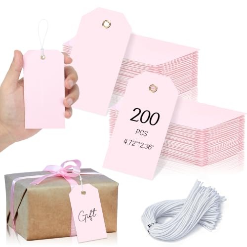 200 Pcs Pink Hang Tags with Elastic String 4 3/4" X 2 3/8" Blank Paper Gift Tags with Reinforced Hole Writable Price Shipping Tags for Inventory Retail Labeling Wedding Favors Valentine's Day - color: Pink, size: 4 3/4" × 2 3/8"