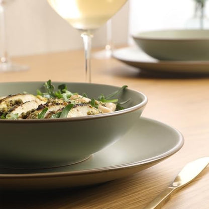 Gibson Home Chiswick House 16-Piece Stoneware Dinnerware Set, Round Plates and Bowls Set for 4, Green with Wax Relief Embossed Rim Detail, Dishwasher Safe – Dinner Plate, Salad Plate & Cereal Bowl - color: Green w/ Wax Relief Embossed Rim (Chiswick House)
