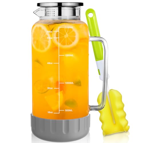 Aofmee 68oz Glass Pitcher with Lid and Handle for Fridge, Grey Silicone - color: Grey Silicone