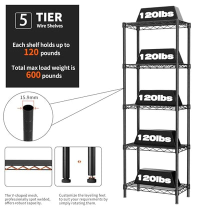 Golpart 5Tier Adjustable Storage Shelves Metal Wire Shelving Standing Shelf - color: Black, size: 5-tier-10"Dx16"Wx55"H