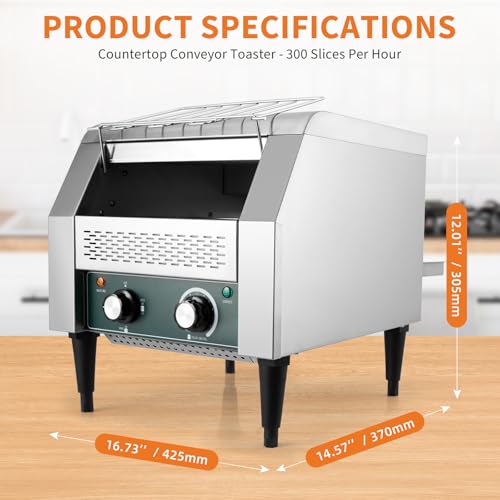 High-Capacity Commercial Conveyor Toaster, 1800w 110v for 300 Slices Per Hour, Stainless Steel Construction with 7 Browning Settings & Timer, Ideal for Restaurant, Bagel Shop, Bakery, Buffet