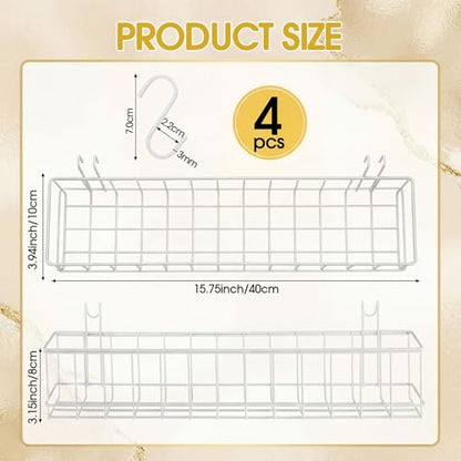 White 4 Pack Wire Baskets, Grid Wall Hanging Baskets, 16 S Hooks - color: White