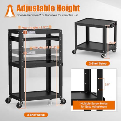 AV Presentation Cart Stand for Video Projector,TV,Laptop Computers,Printers,Metal Construction Rolling Cart with Adjustable Shelves,4 Wheels,4 Outlets, 5.75ft Cord,Support 300 lbs,Black - style: AV Cart with Keyboard Tray（M-AV-J）