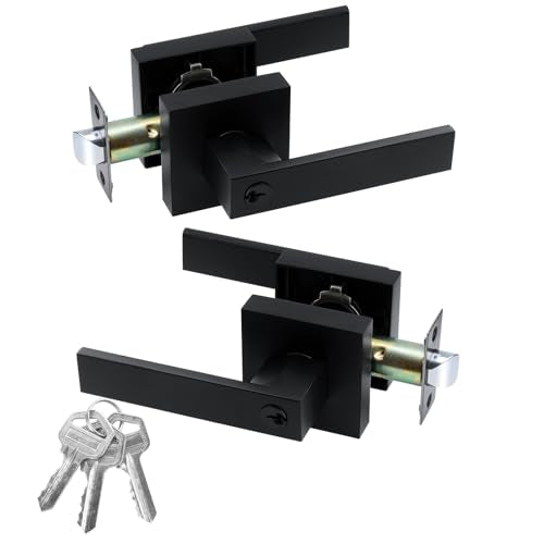 JO.KO Entry Door Lock Set, Square Door Lever for Bedroom, Passage Door Privacy Locking Interior/Exterior Entry Door Knob/Heavy Duty - color: Matte Black, size: 2 Pack