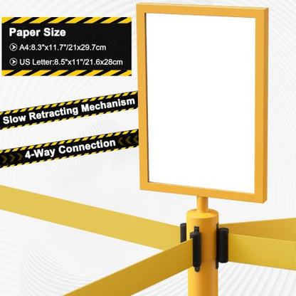 4-Pack Yellow Stainless Steel Crowd Control Stanchions, 9.8 ft Retractable Yellow Stripe Safety Belts with 1 Sign Holder(Yellow Belt) - color: Yellow stanchions w Yellow Belt, size: 4 pcs