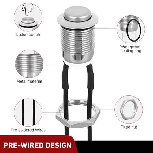 Nilight 12mm Momentary Push Button Switch 6PCS with Pre Wired Harness 2 Pin - color: 6PCS 12mm Momentary Switch Steel
