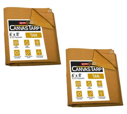 (2 Pack) 6' x 8' Tan Canvas Tarp 12oz Heavy Duty Water Resistant - color: Tan (2 Pcs), size: 6' x 8'