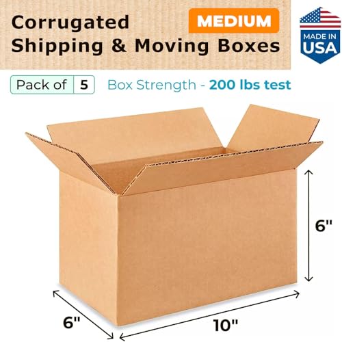 Medium Moving & Shipping Boxes 10 x 6 x 6 inches (5-Pack) - Extra Strength 200 lb vs Regular - Corrugated Cardboard Boxes for USPS/UPS/FEDEX - Box for Packaging - Medium Box by IDL Packaging - size: 10 * 6 * 6" (Medium Boxes)
