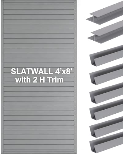 FRAYSCENT Slat Wall Paneling Garage Wall Organizer, Slatwall Panels Garage Tool Organizer Wall Mount Garage Slat Wall Storage Systems, Slat Board PVC Wall Panels (Grey, 8ftx4ft with 2H Trim) - color: Grey, size: 8x4ft(2H-trim)