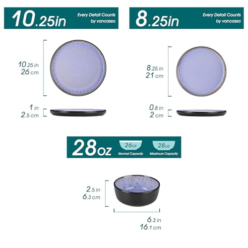 vancasso Plates and Bowls Sets, 24 Pieces Stoneware Dinnerware Sets for 8, Kitchen Dish Set Mircowave and Dishwasher Safe Ceramic Dishware, Purple, Series AMBER - color: Light Purple