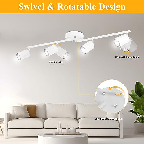 BoostArea LED 4 Light Track Lighting Kit, White 4 Way Ceiling Spot Lighting, Flexibly Rotatable Light Head for Kitchen, Living Room, Bedroom, Bulb Not Included - color: 4 Light-white