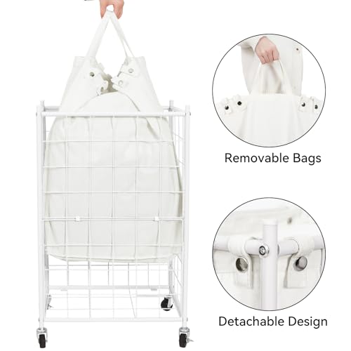 WOWLIVE Rolling Laundry Basket, Metal Wire Frame Laundry Hamper with Wheels - color: White, size: 100l