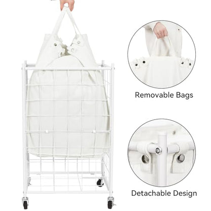 WOWLIVE Rolling Laundry Basket, Metal Wire Frame Laundry Hamper with Wheels - color: White, size: 100l