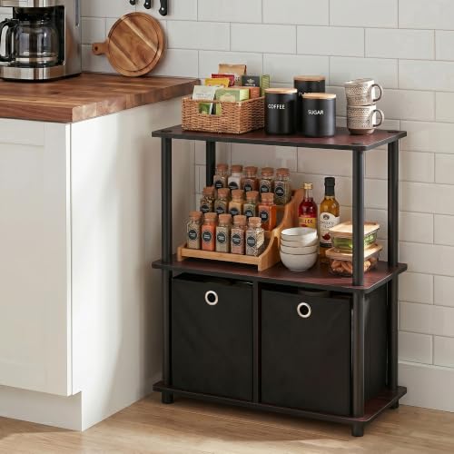 Furinno TURN-N-TUBE Storage Shelves, 3-Tier Toolless Book Shelf with Storage Bins, Display Shelf, for Organization and Storage, Living Room, Garage, Home Office, Dark Cherry - color: Dark Cherry, size: 3-Tier with Bin