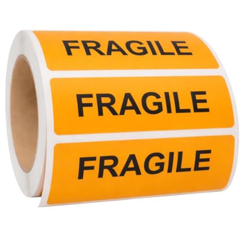 Fragile Orange Stickers, 500/Roll, Fluoro Courier & Handling Labels, 2.8" x 1" (70mm x 25mm), Permanent Adhesive - style: FRAGILE