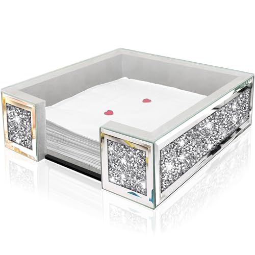 Wocred Flat Mirror Napkin Holder for Bathroom Vanity,Crystal Crushed Diamond Guest Towel Holder,Cute Napkin Tray for Kitchen,Dining table,Guest Bathroom.(8.1”X8.1”X2.6”) - size: 8.1x8.1x2.6 inch