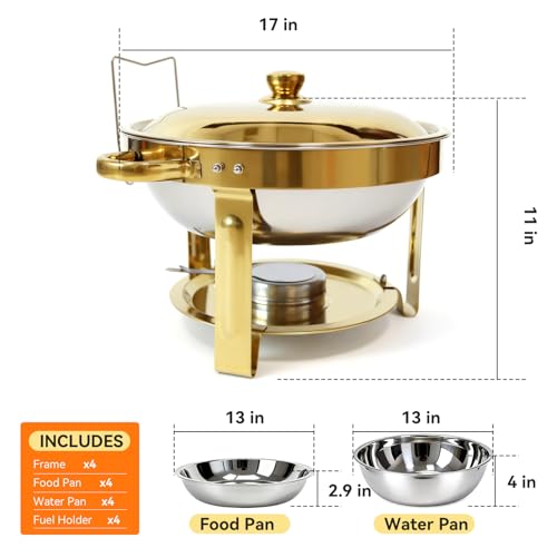 Gold Chafing Dish Buffet Set, 4-Pack 6QT 304 Stainless Steel Round Food Warmers with Lids, Water Pans & Fuel Holders – for Catering, Wedding Receptions & Parties - color: Full Gold