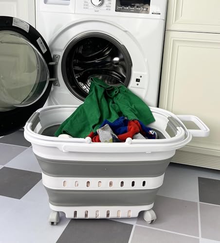 SAMMART 35L (9.24 Gallons) Collapsible Plastic Laundry Basket with Handle and Wheels - Foldable Pop Up Storage Container/Organizer with handle and wheels - Space Saving (1, White/Grey)
