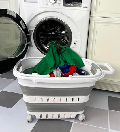 SAMMART 35L (9.24 Gallons) Collapsible Plastic Laundry Basket with Handle and Wheels - Foldable Pop Up Storage Container/Organizer with handle and wheels - Space Saving (1, White/Grey)