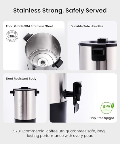 SYBO Commercial Grade Stainless Steel Percolate Coffee Maker, Hot Water Urn for Catering, Hot Beverage Dispenser, 40-Cup, 6L, Metallic - style: 6L Metallic
