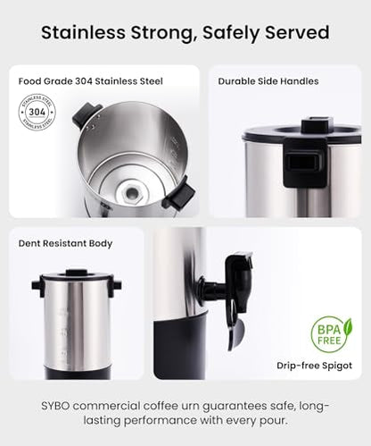 SYBO Commercial Grade Stainless Steel Percolate Coffee Maker, Hot Water Urn for Catering, Hot Beverage Dispenser, 40-Cup, 6L, Metallic - style: 6L Metallic