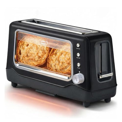 Dash Clear View Toaster | 10" Long Slot 2 Slice Toaster with See-Through Glass Window, 7 Browning Levels, Bagel, Defrost & Reheat Functions, Removable Glass Panel, Crumb Tray, Black - color: Black