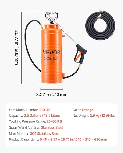 VEVOR Industrial Concrete Sprayer, 3.5 Gallon Stainless Steel Sprayer, Heavy Duty Tri-Poxy Pump Sprayers, 20.5"Wand with Ergonomic Gun Handle, 48"& 120"Hose, 2 Brass Nozzles for Construction, Garden - size: 3.5 Gal Basic