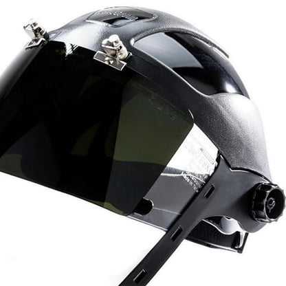 Sellstrom DP4 Face Shield - Lightweight Mask with High Impact Crown & Ratchet Headgear for Work, Grinding, Plasma/Flame Cutting - ANSI Z87.1 - Clear Anti Fog Polycarbonate Window - UV/IR Flip Up Visor - style: Shade 5 Infrared Visor W/ Chinguard