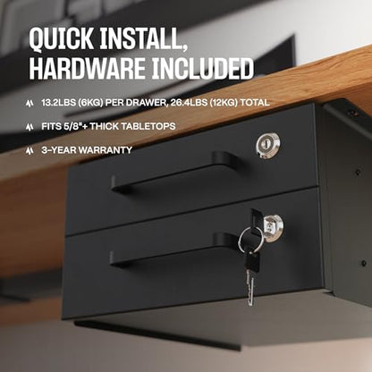 Under Desk Drawer Slide-Out – Lockable Metal Storage Drawers with Cable Management for Office & Home (Double, Non-Bracketed) - size: Double