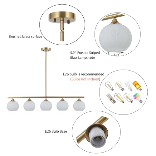 BYOLIIMA Modern Brushed Brass Linear Chandelier Over Table Frosted Striped Glass Shade Gold Mid Century Sputnik Globe Pendant Light Farmhouse Ceiling Hanging Light Fixture Dining Room Kitchen Island - color: Gold/Frosted White