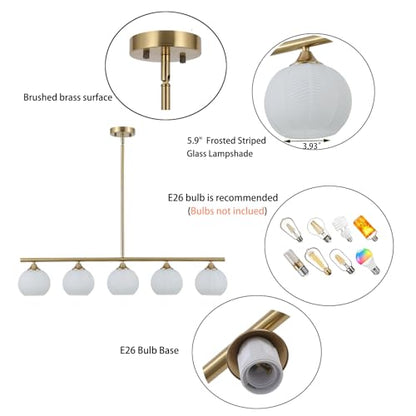 BYOLIIMA Modern Brushed Brass Linear Chandelier Over Table Frosted Striped Glass Shade Gold Mid Century Sputnik Globe Pendant Light Farmhouse Ceiling Hanging Light Fixture Dining Room Kitchen Island - color: Gold/Frosted White