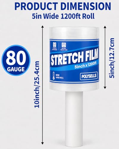 Polysells 2 Pack 5" x 1200ft MIni Roll Stretch Film with Handle, 80 Gauge Clear Moving & Packing Plastic Wrap for Boxes, Luggage, Bundling & Storage