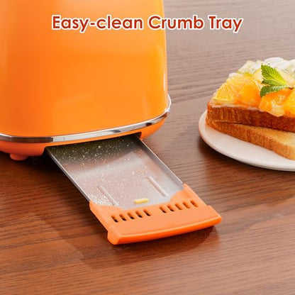 Roter Mond 2 Slice Toaster Retro Stainless Steel with Bagel, Cancel, and Defrost Functions, 6 Bread Shade Settings, Extra Wide Slots and Removable Crumb Tray, Orange - color: Orange