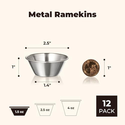 Fit Meal Prep [12 Pack] 1.5 oz Stainless Steel Dipping Sauce Cups, Reusable Metal Ramekins, Commercial Grade Condiment Bowls, Individual Portion Cups, Small Round Au Jus for Home, Restaurant - size: 1.5 oz