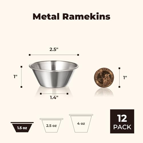 Fit Meal Prep [12 Pack] 1.5 oz Stainless Steel Dipping Sauce Cups, Reusable Metal Ramekins, Commercial Grade Condiment Bowls, Individual Portion Cups, Small Round Au Jus for Home, Restaurant - size: 1.5 oz