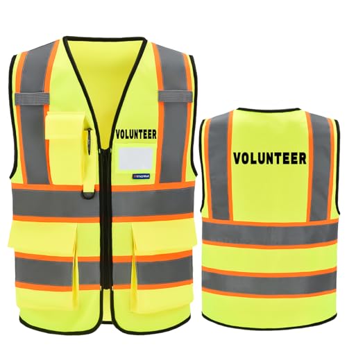 AYKRM Security Vest for Men Women 7 Pockets High Visibility Reflective Safety Vest Front Zipper Meets ANSI/ISEA - color: Yellow-volunteer, size: Medium