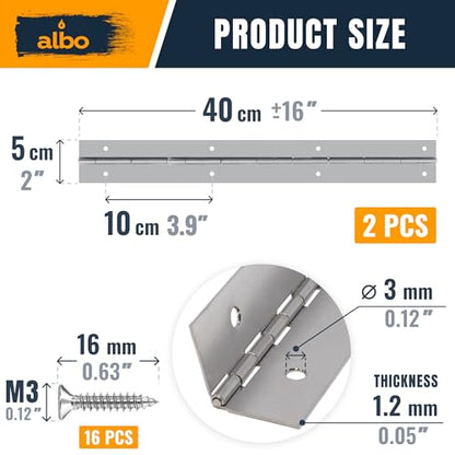 ALBO 16" x 2" Piano Hinge Stainless Steel 304, Silver, 2-Pack - color: Silver, size: 16 Inch