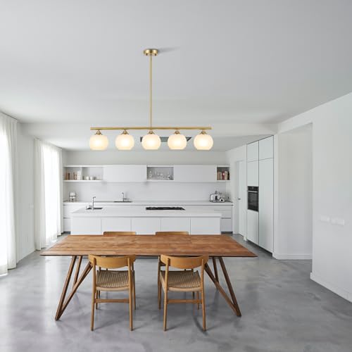 BYOLIIMA Modern Brushed Brass Linear Chandelier Over Table Frosted Striped Glass Shade Gold Mid Century Sputnik Globe Pendant Light Farmhouse Ceiling Hanging Light Fixture Dining Room Kitchen Island - color: Gold/Frosted White