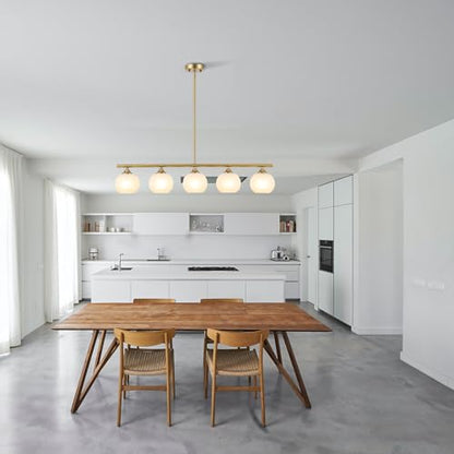 BYOLIIMA Modern Brushed Brass Linear Chandelier Over Table Frosted Striped Glass Shade Gold Mid Century Sputnik Globe Pendant Light Farmhouse Ceiling Hanging Light Fixture Dining Room Kitchen Island - color: Gold/Frosted White